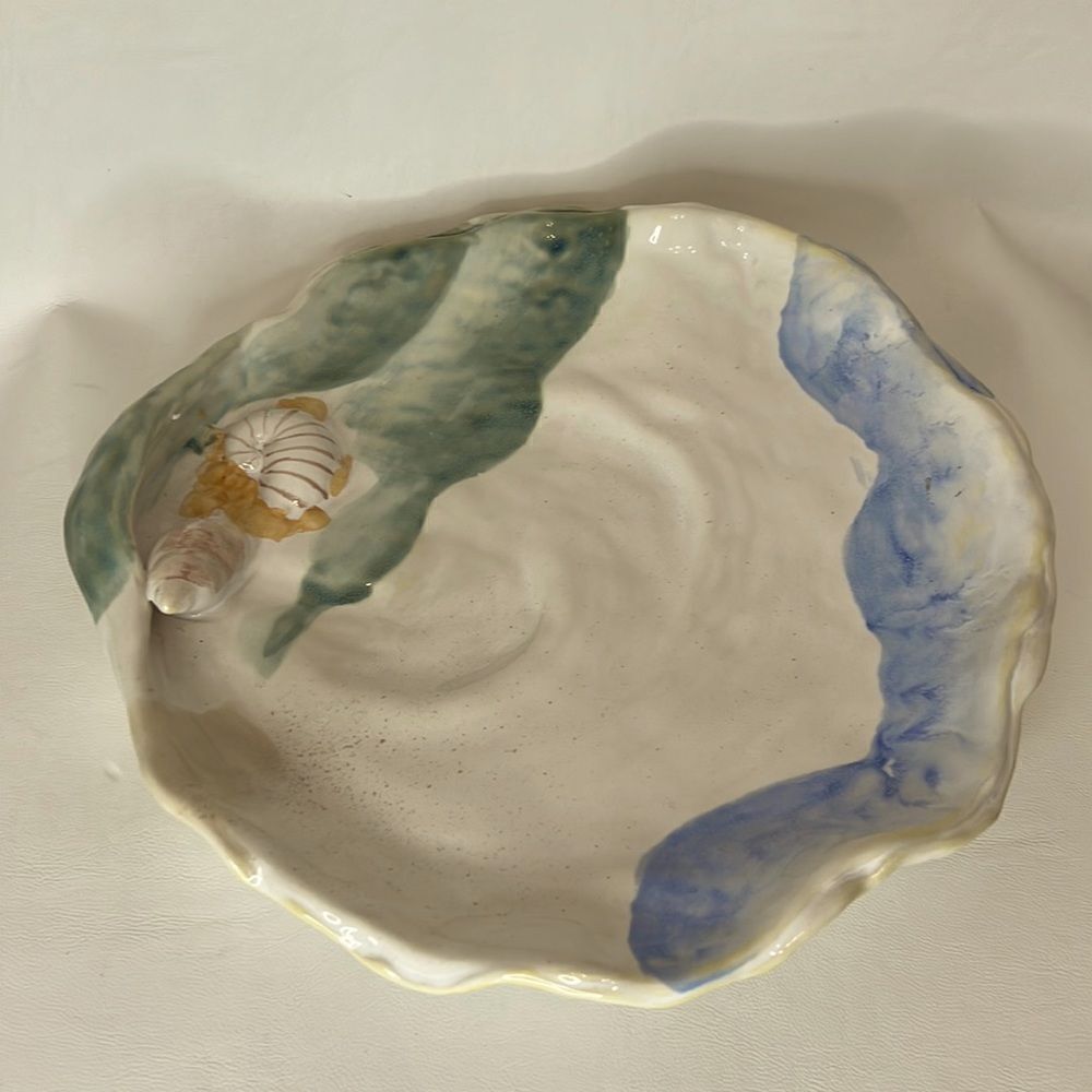 Abigails Coastal Art Dish Serving 11 1/2 In Wide Seashell Ceramic Blue Green